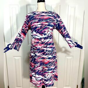 Aryeh paintbrush dress Boat neck flair 3/4 sleeve No wrinkle fabric for travel M